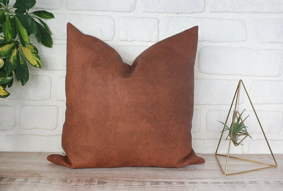 Cognac brown cork look faux leather color and back side linen pillow cover-1QTY - Image 3 of 4