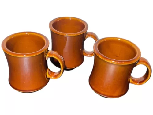 REGO Vintage Set Of 3 Brown Stoneware Mugs C688-07 Restaurant Diner Coffee Cups