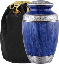Handcrafted Memorial Urn for Ashes, Velvet Bag, 10.5"X7" , Blue  Silver