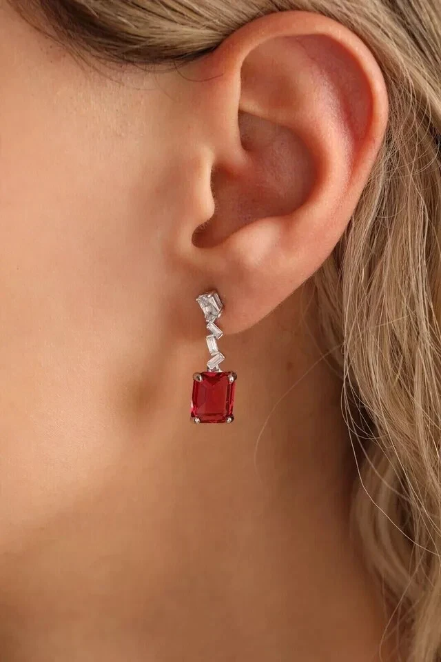 3Ct Emerald Cut Lab Created Red Ruby Drop/Dangle Earrings 14k White Gold Plated - Image 2 of 3