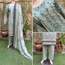 Pakistani Sage Green Printed Straight Shirt 3-PCS Lawn Suit w/ Threadwork ,XL 1