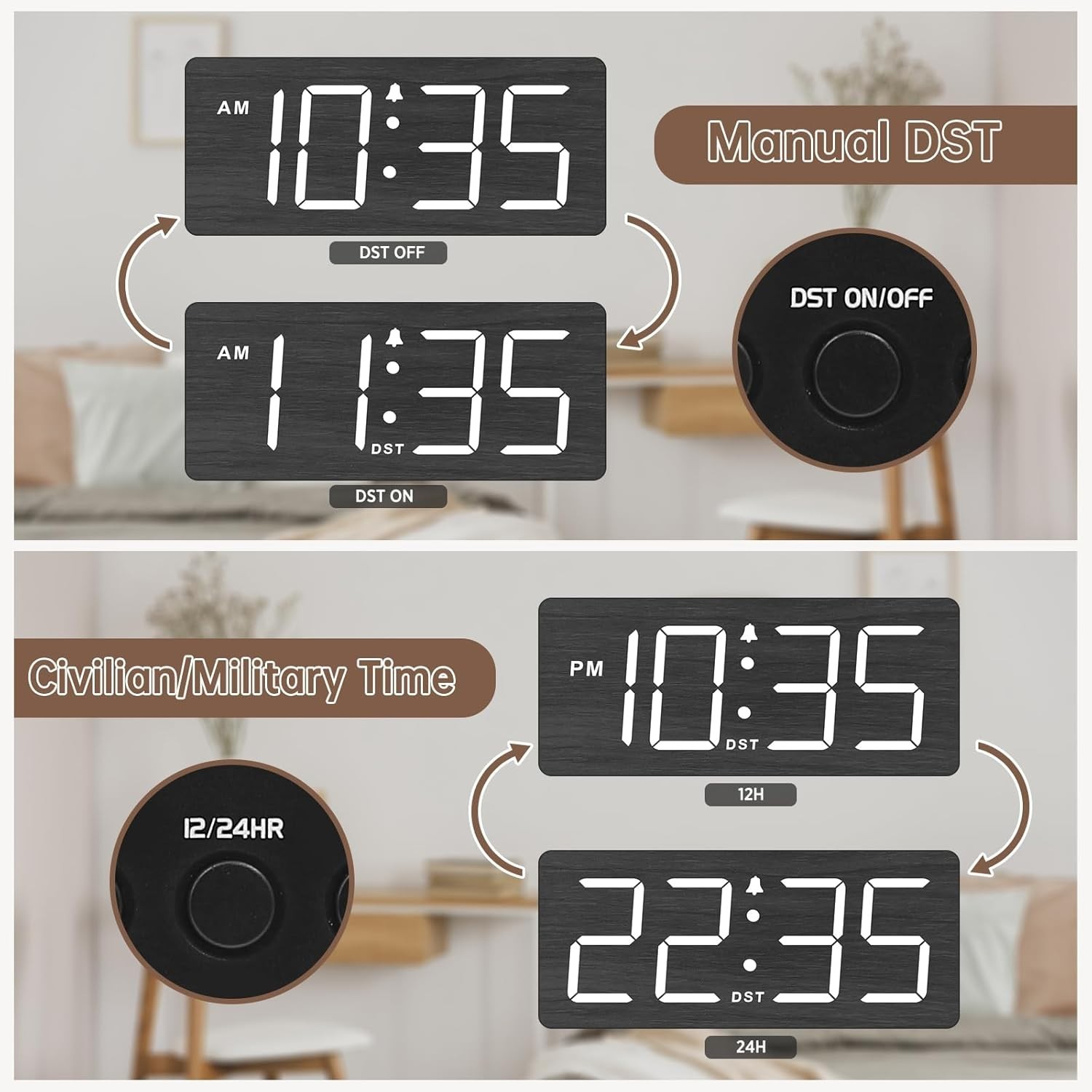 DreamSky Wooden Digital Alarm Clock for Bedroom - Loud Alarm for Heavy Sleepers