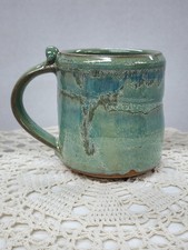 Gorgeous Handmade Studio Art Pottery Drip Glaze Mug Signed Seafoam Green & Teal 