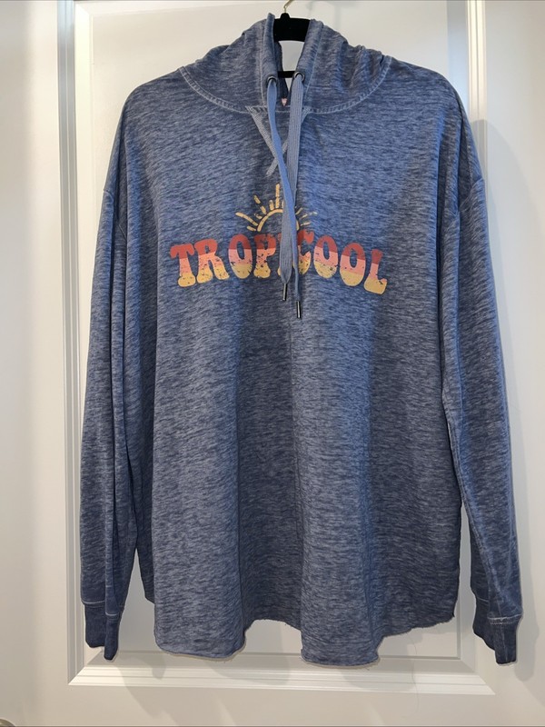 C&C California Women sz L Blue Graphic Tee Tropicool Long Sleeve Hooded Light