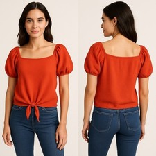 Ann Taylor LOFT Seersucker Tie Front Square Neck Puff Sleeve Top Orange XS