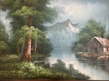 Antique Oil Painting Woods Mountain Stream Primitive Home Landscape signed