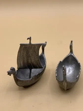 2 Vintage Handstopt TPB TINN Pewter VIKING SHIP SALT CELLARS