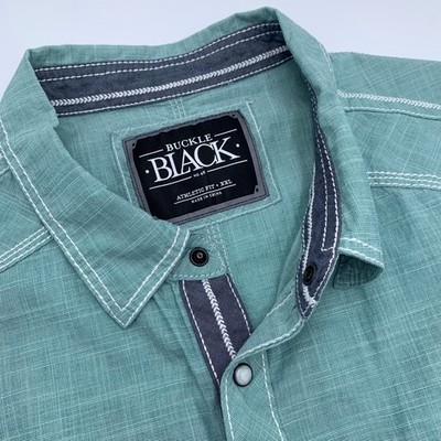 Buckle Black Button Down Mens XXL Teal Green Excellent Short Sleeve Athletic Fit