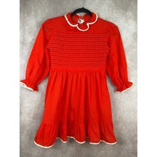Polly Flinders Hand Smocked Dress Girls Size 10 Red Vintage Long Sleeve Ruffle