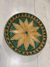 Handwoven Straw Basket Plate Tray Round Green Natural Starburst Decor Wall Art