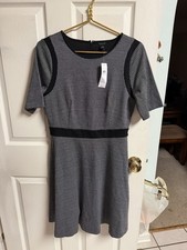 Ann Taylor Black Plaid Short Sleeve Crew Neck Trim Fit & Flare Dress Med 6 34x38