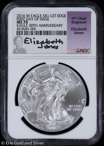 2016-W $1 Burnished Silver Eagle NGC MS 70 | Lettered Edge FDOI Jones Signed