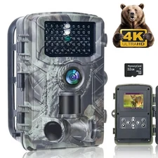 32GB Wildlife Trail Camera 50MP 4K Game Night Vision Outdoor Motion Hunting Cam