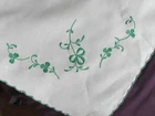 35" Sq White Tablecloth Vintage Irish Linen  Machine Embroidered Green Shamrock