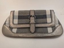 Burberry metallic shimmer wristlet clutch in a gray check pattern