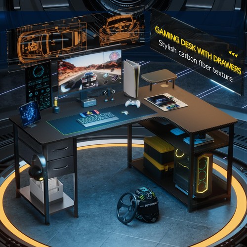 GTRACING Gaming Desk with Drawers, Carbon Fiber Style L Shaped Computer Desk ... - Picture 2 of 7