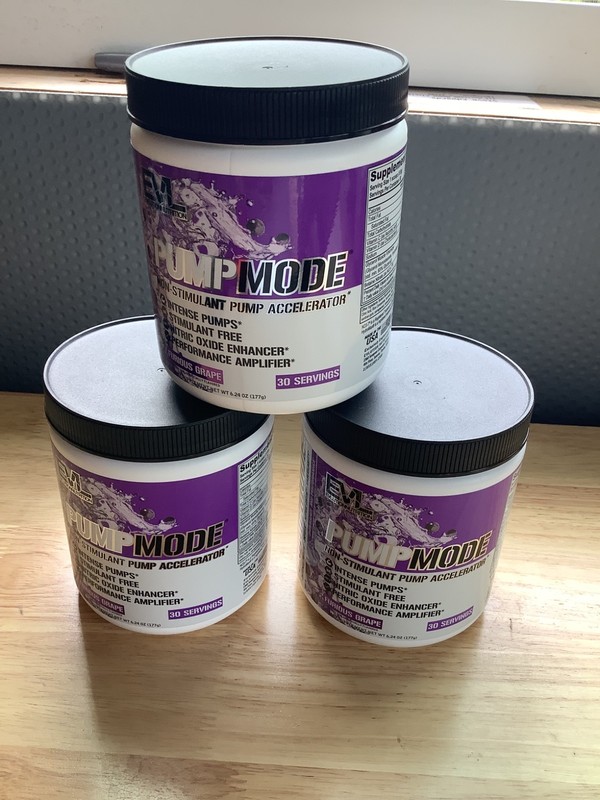 3 containers of EVL Pump Mode 30 servings each Furious Grape flavor