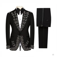 Luxury Appliques Men Suits Wedding Tuxedo Formal Prom Party Office Wear Beading