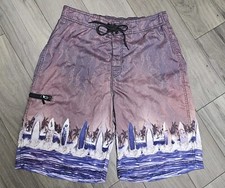 Vintage Gecko Hawaii Swim Trunks w/Surf Boards Brown  Purple Zipper Pocket M