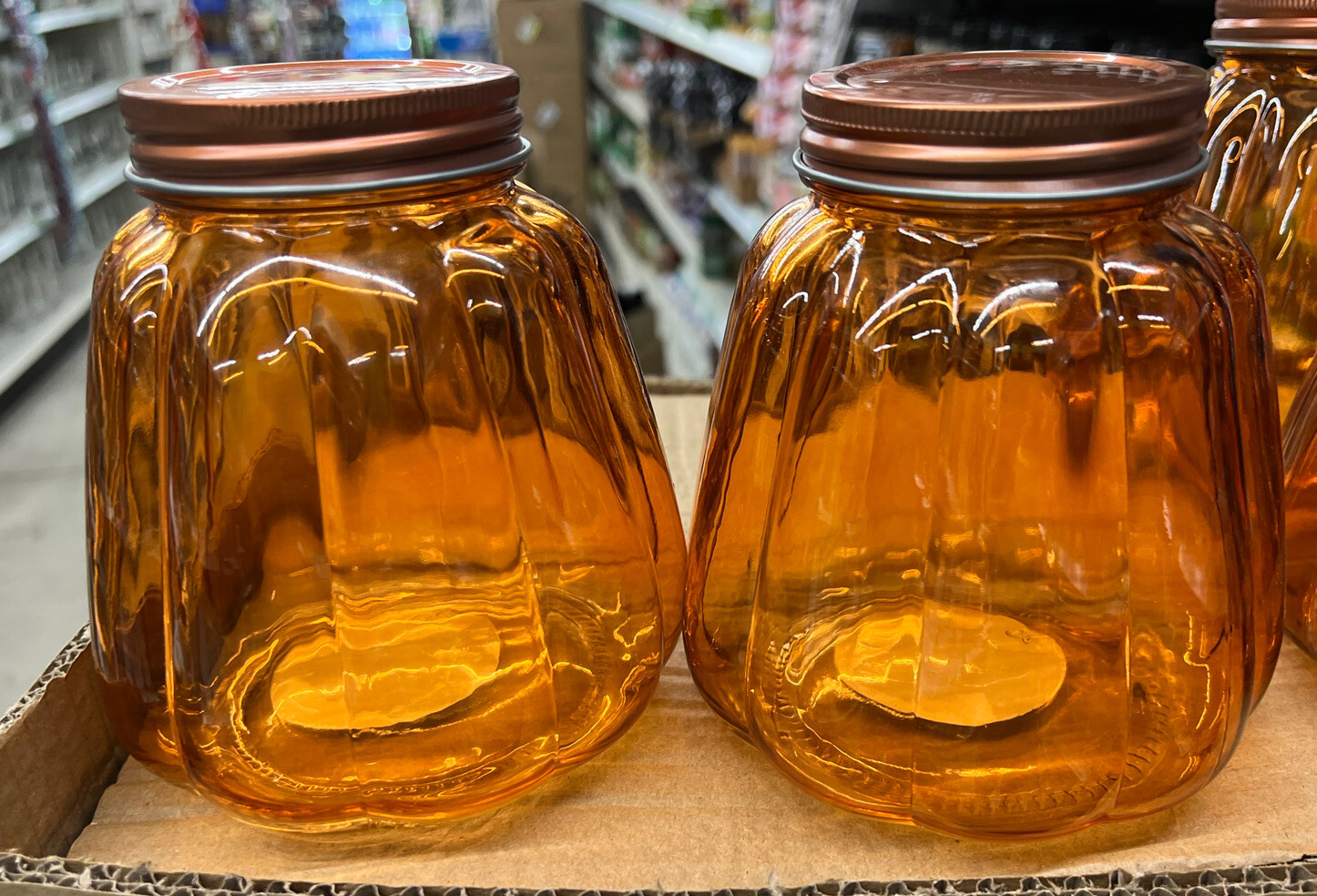 Pumpkin Shaped Glass Jars with Rose Gold Lids 5.375 x 5in. Set 2 Pack