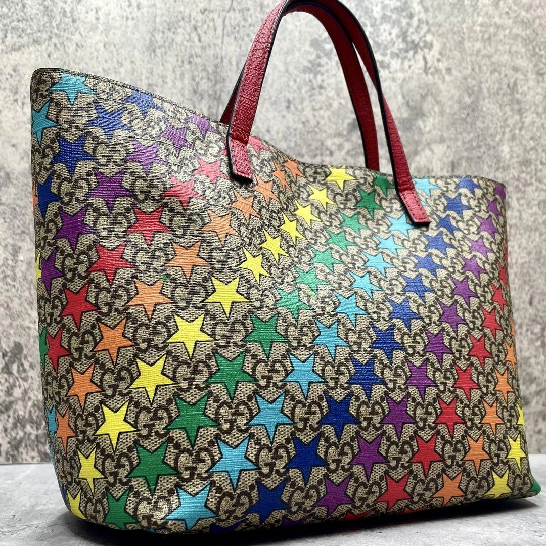 Sac fourre tout GUCCI Rainbow GG Star sac à main PVC cuir rouge multicolore authentique