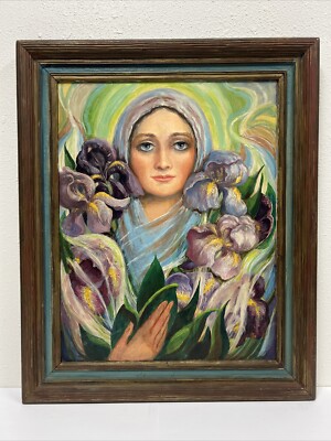 Antique Oil Painting Portrait Flowers Mary Purple Banners Iris Helen Cervantes 
