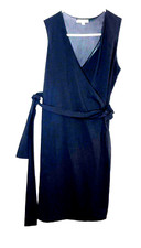 EUC SKY Women's V Neck, Sleeveless Faux Wrap Around Dress-Tie Sz M. Black, Lined