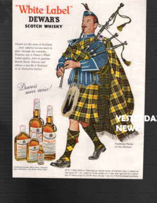 1962 print ad for White Label Dewars Scotch Whiskey ''Dewars never varies!''