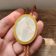 Mother of Pearl Bolo Tie - Wedding Necklace for Men Brown Leather Cowboy Necktie