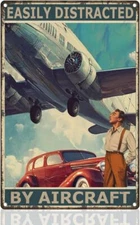 Vintage Airplane Wall Decor Metal Tin Sign Easily Distracted By Airplanes Retro