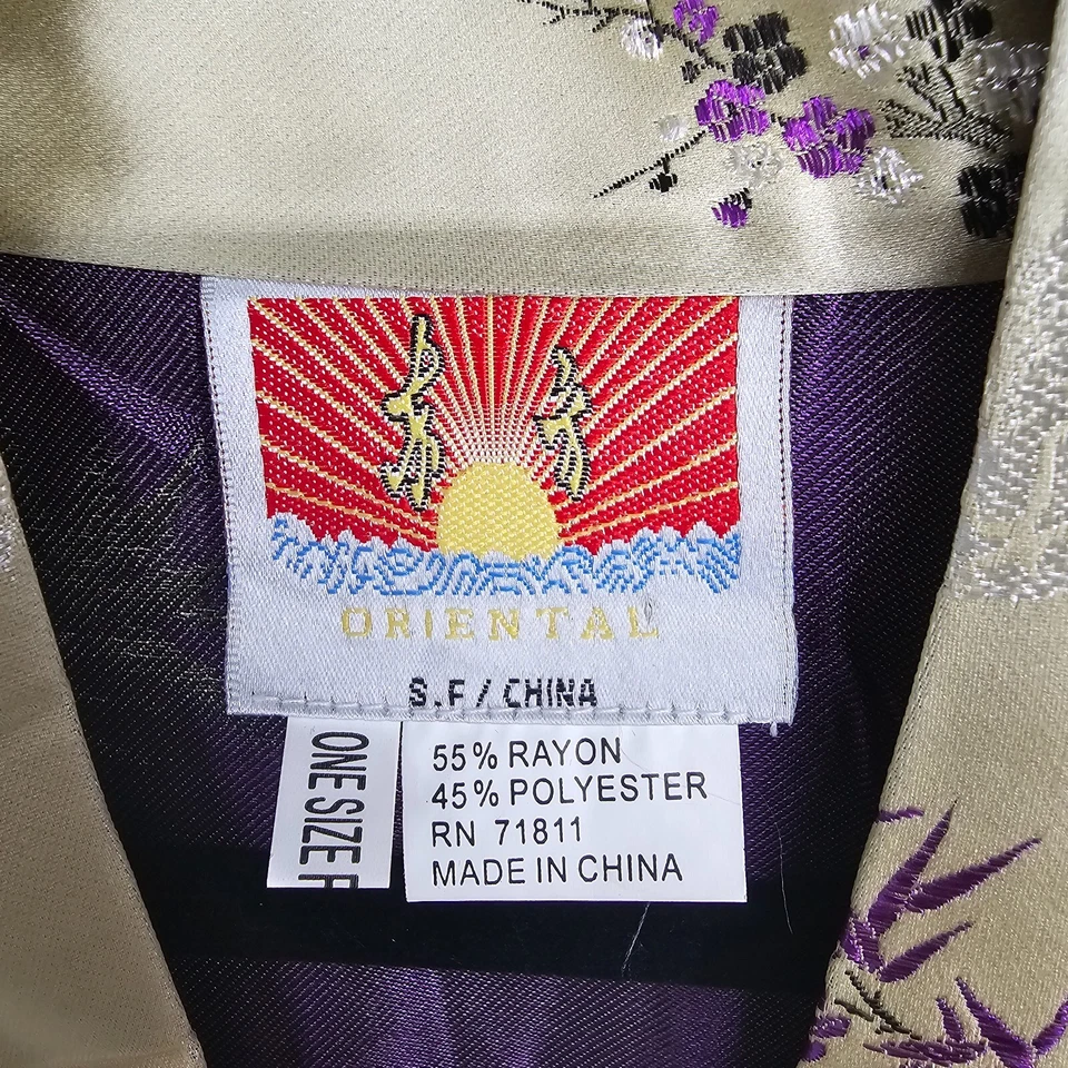 Bata Kimono Oriental Mujer Talla Única Dorado Lavanda Satinado Bordada Hasta la Rodilla Foto 3 de 4