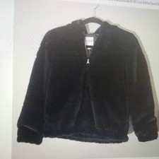 Cat  Jack Girl's Black Faux Fur Zip Front Hooded Jacket, Size Large 10/12 