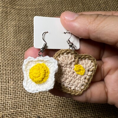 DESIGNED FRIED EGG BREAD ART EARRINGS HANDMADE CROCHET THEME SUMMER TRAVEL PARTY