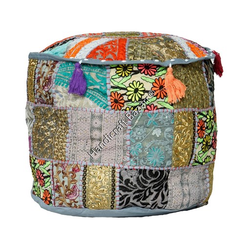Patchwork Ottoman Pouf Round Tassels Garden Mudda Throw Bean Bag Hippie Pouffe - Picture 2 of 4