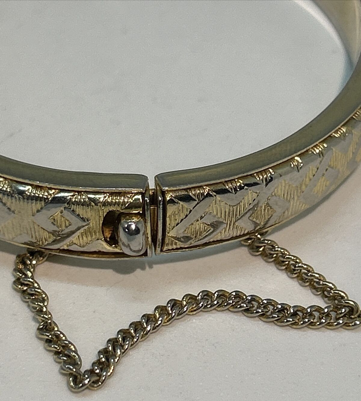 Bangle Bracelet Etched Silver & Gold Metal Tone Jewelry Designs Hinged Chained