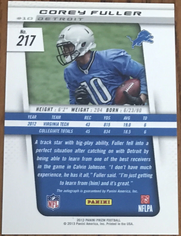 2013 Panini Prizm Autographs Prizm Corey Fuller #217 Detroit Lions #’d /99 - Image 2 of 2