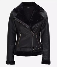 Agnes Asymmetrical Black Leather Shearling Jacket Womens Size Xs