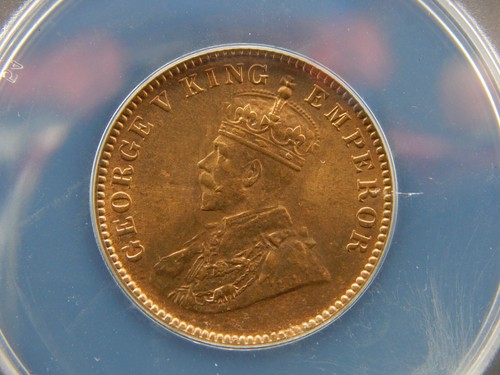 1934 George V British India 1/4 ANNA ANACS Graded MS64 RED BROWN (BT171) - Picture 2 of 4