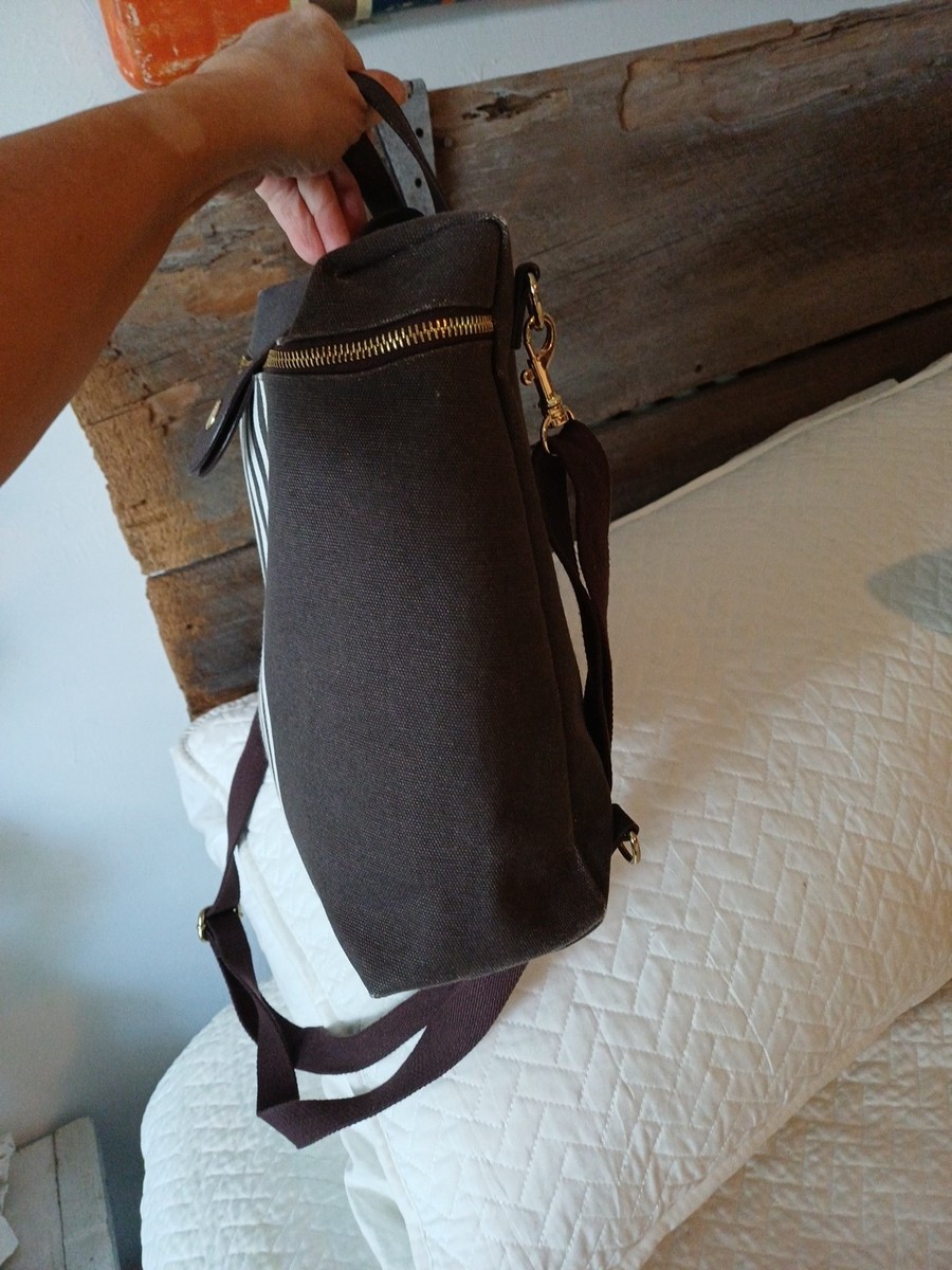 Henri Bendel Brown White Striped Canvas Backpack Gold  display picture 2