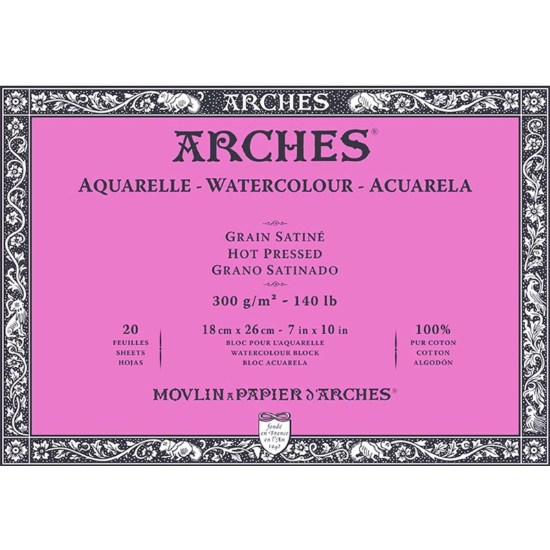Feuille aquarelle Arches grain satiné 18x26 cm, bloc 300g à forte absorption d'eau