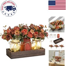 Rustic Farmhouse 3 Mason Jar Centerpieces with Tray LED Light - Gift Ready