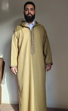 Moroccan Wool Djellaba, Hooded Islamic Robe, Embroidered Thobe