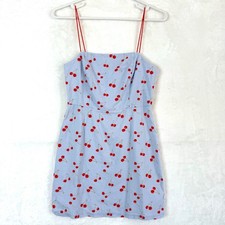 URBAN OUTFITTERS Colette Cherry Print Linen Stretch Strap Mini Dress Womens US 6