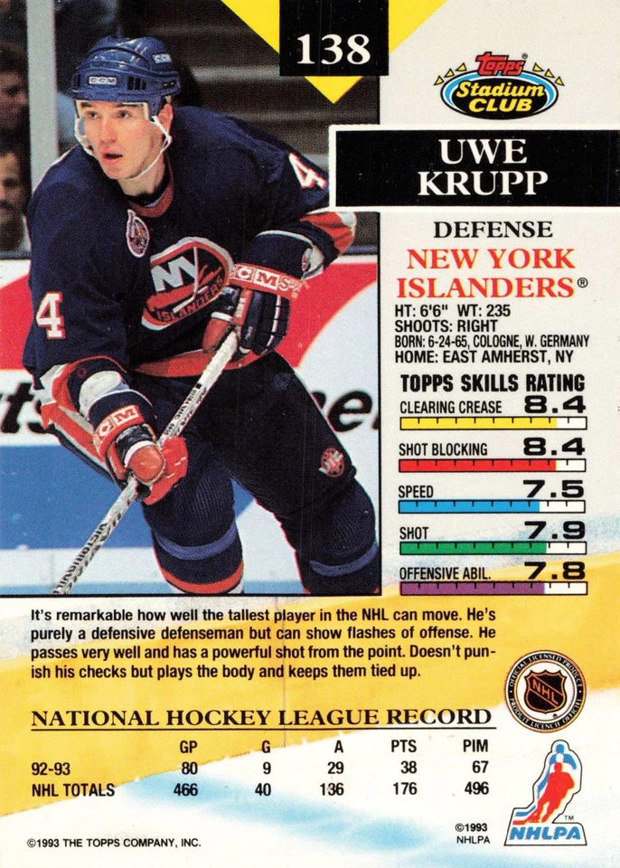 Uwe Krupp 1993-94 Stadium Club #138 New York Islanders Hockey - Image 2 of 2