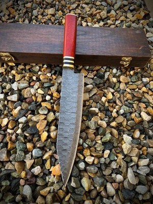 Damascus Steel Chef Knife   Red Wood Handle, Patterned Blade, with Wooden Box