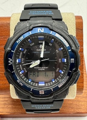 Casio Watch Mens 45mm Black Blue Compass Thermometer 100M Quartz SGW-500H 5269