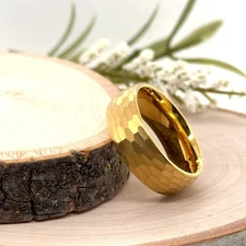 8mm Gold Tungsten Anniversary Ring Faceted Hammered Finish Unisex Wedding Band