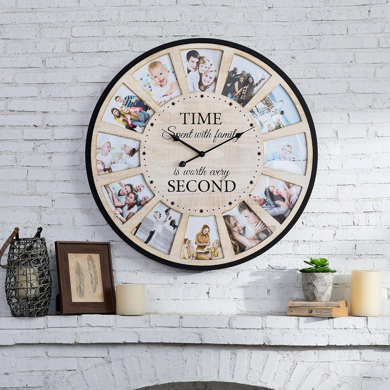 12 Picture Frames Collage Wall Clock, Vintage Rustic Family Photo Clock, Large F