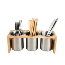 Silverware Caddy Flatware Holder Stainless Steel Utensil Organizer with Wood