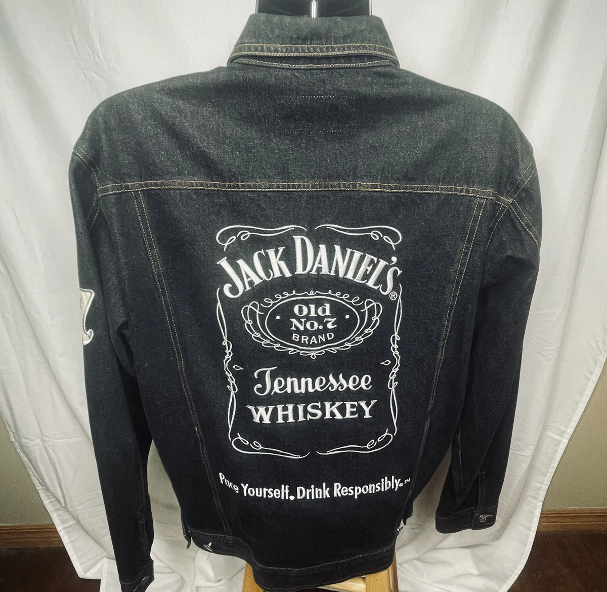 Jack Daniels Mens Sz L Nascar Racing JH Design Black Jean Denim Bomber Jacket